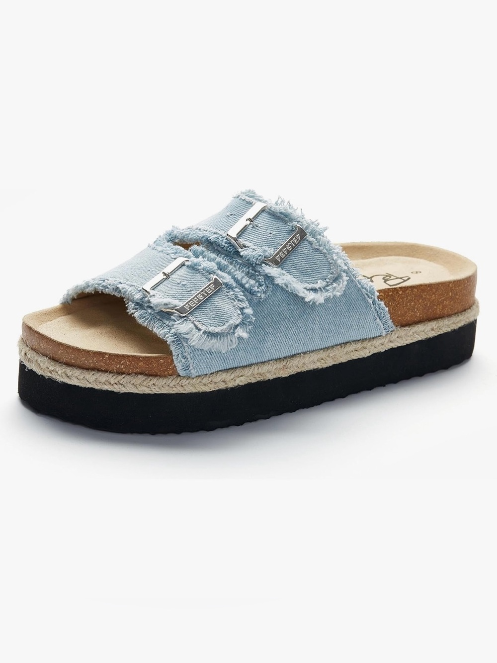 Denim Double-Buckle Slide Sandal - Light Blue